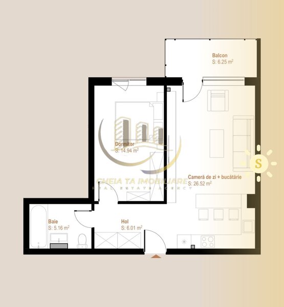 Doua camere, 52,62 mp, balcon, ansamblu rezidential modern.